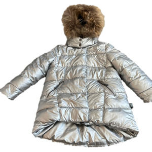 KIDS (UNISEX) 7 Deux par Deux Silver Puffer Winter Coat with Fur Trimmed Hood